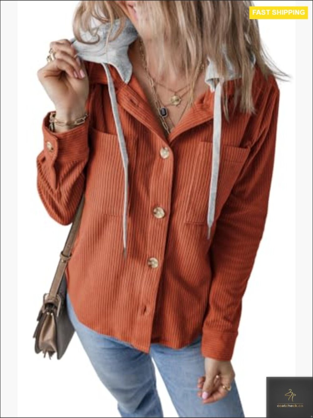 Womens Corduroy Shacket Jacket Casual Fall Long Sleeve Button Down Hooded Coat - Picture 2 of 3